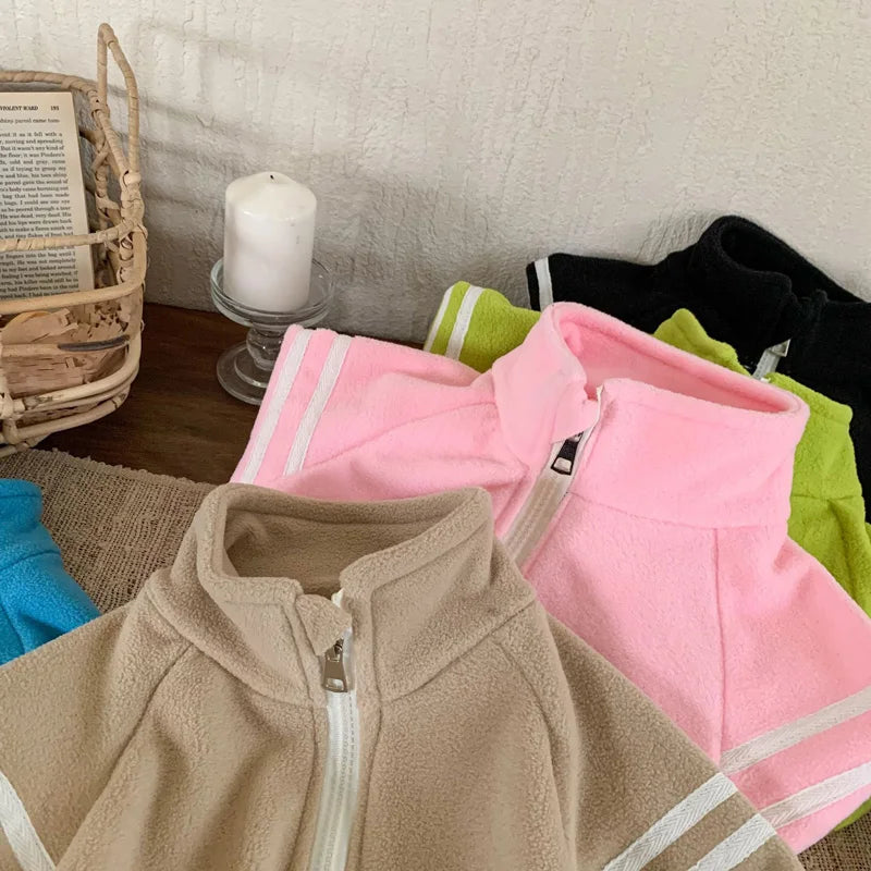 4-10Year Children Outwears Fleece for Winter Autumn Teenager Boy Jackets High Collar Coats Fashion Striped Solid Kid Girl Jacket