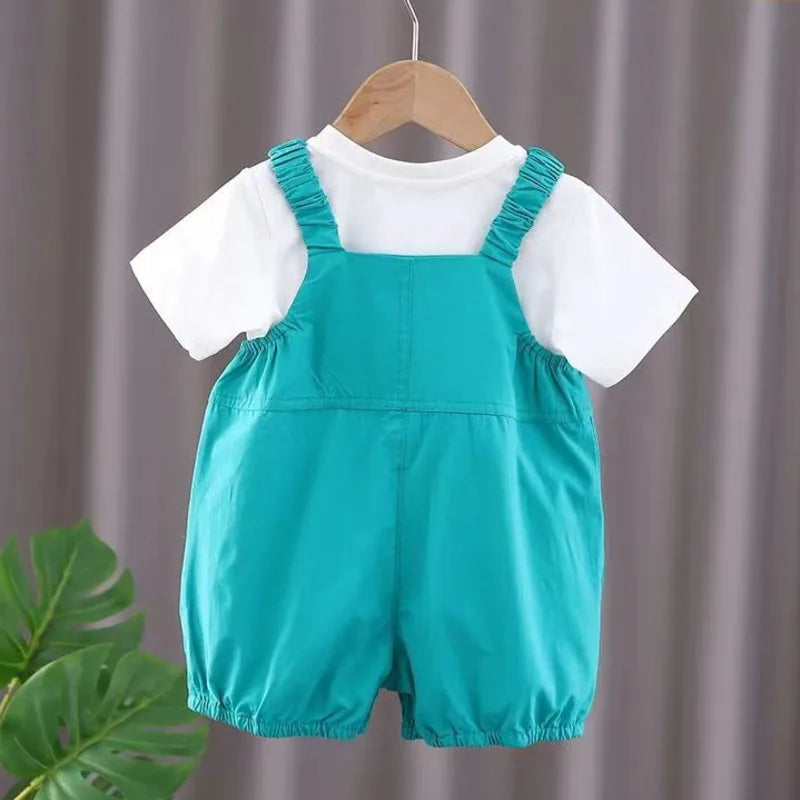 New Summer Baby Clothes Suit Children Girls Cute Short Sleeved T-Shirt Overalls 2Pcs/Sets Toddler Casual Costume Kids Tracksuits
