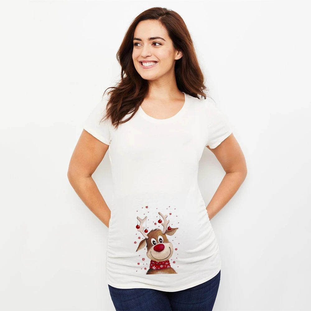 Merry Christmas Cartoon Print Maternity T-shirt Xmas Casual Pregnant Women Reindeer Graphic T Shirt Pregnancy Announcement Tees