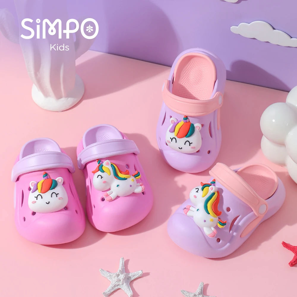 Kawaii Garden Shoes For Little Kid With Unicorn Charm Rainbow Color Girl's Clogs Outdoor Thick Sole Anti-slip Sandals Summer