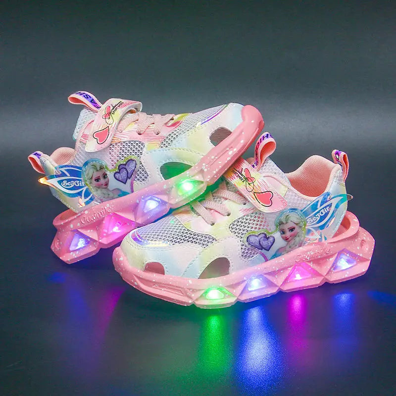 Disney Children's Sandals Women's Summer Girls' Sandals Led Lights Kids' Baby Princess Elsa Beach Pink Purple Shoes Size 22-37