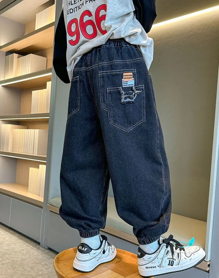 2025 New Boys' Denim Jeans Spring Autumn Kids Casual Sport Pants Long Korean Style Trendy Streetwear