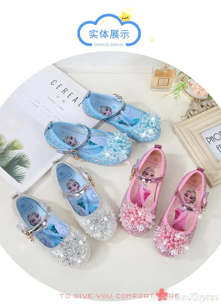 Disney Girls Princess Shoes Soft Sole Little Girl Frozen Children Crystal Casual Shoes Flat Leather Show Dance Shoes Size 22-36