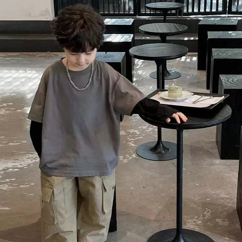 Fake Two Pieces Children's T-shirts Cartoon Fashion Boys Long Sleeve Tee Korean Clothes 2025 Top Clothing Boy T-shirt Kids Child