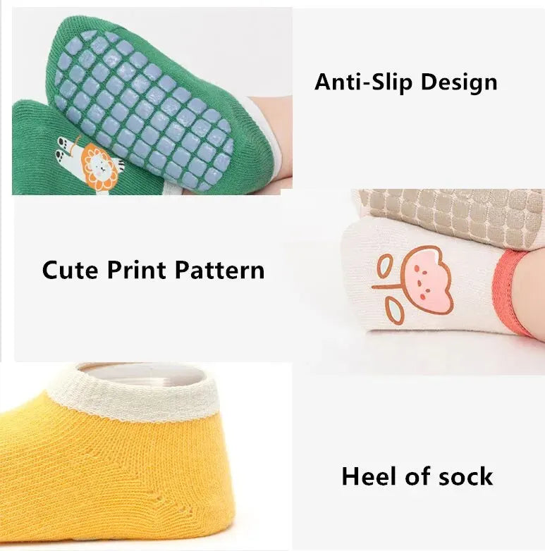 3Pairs Baby Non Slip Socks Cotton Casual Cartoon Print Boys Girls Toddler Floor Socks With Rubber Grips For 1-3Years