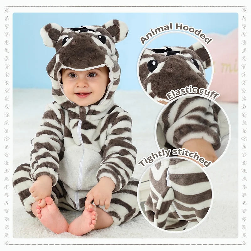MICHLEY Halloween Costume Infant Baby Clothes Rompers Winter Flannel Hooded Bodysuits Pajamas Animals Overall Jumpsuit For Bebe