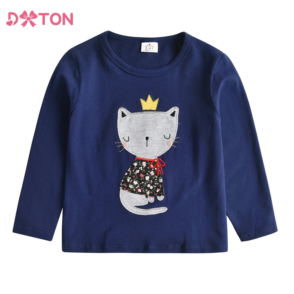 DXTON Spring Autumn Girls Tops Long Sleeve Kids Cotton T-shirts Cat Print Applique Children Casual Tees School Home Kids Wear