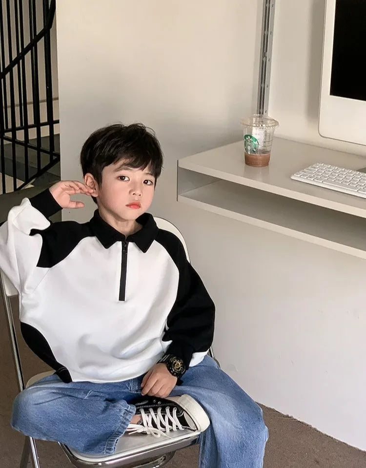 Boys' 2025 Spring/Autumn New Arrival Cotton Punk-Style Street-Savvy Trendy Polo Collar Sweatshirt - Stylish Baby Boys' Top