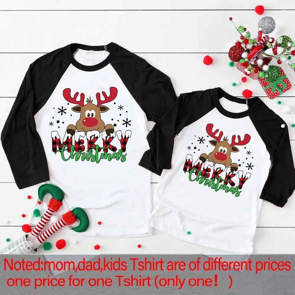 Merry Christmas Deer Print Xmas Family Matching Outfits Father Mother Son Daughter Family Clothes Christmas Party Family T-Shirt