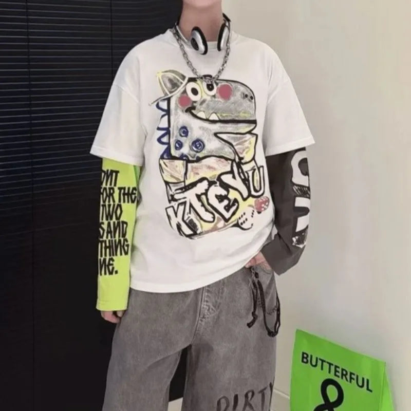 Fake Two Pieces Long Sleeve Cotton T-shirt Clothes for Boys Children's Tee Cartoon Fashion Clothing Korean Kids Boy 7 8 14 Years