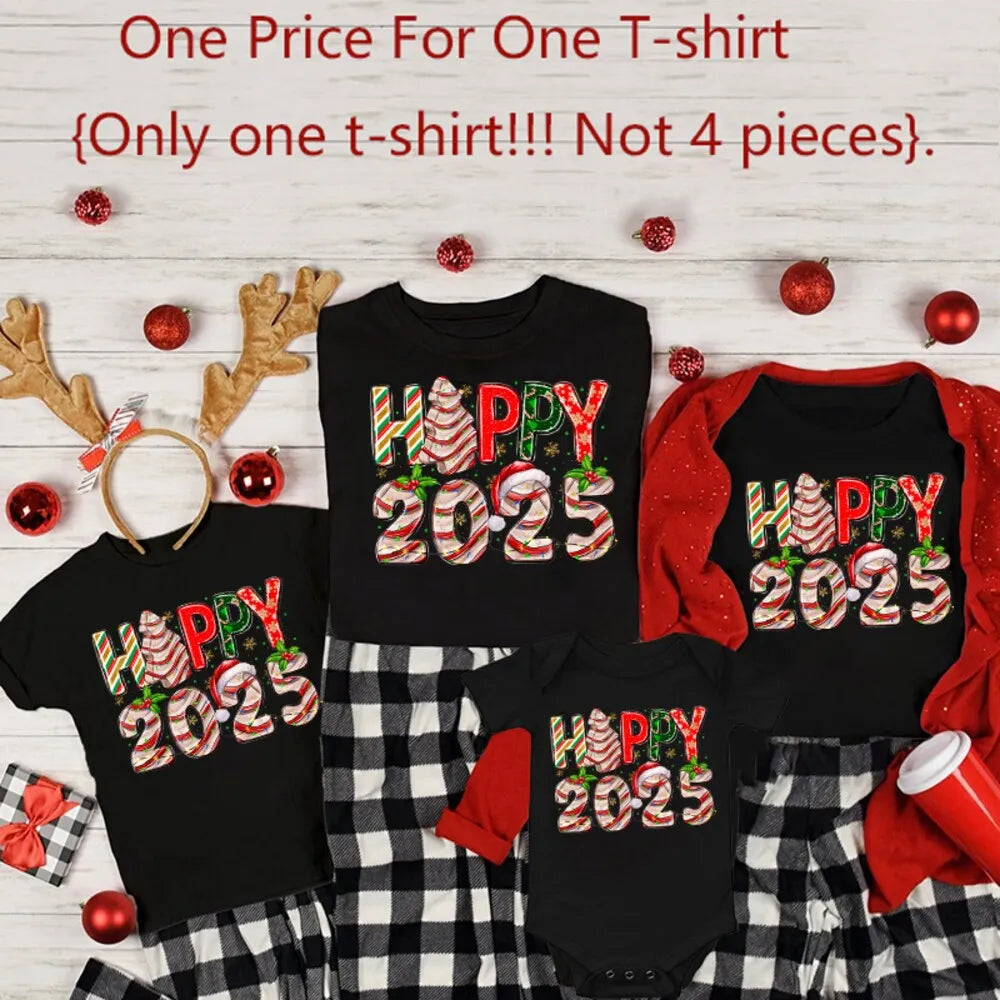 Happy 2025 Family Christmas Matching Tshirts Dad Mom Kids Tees Baby Bodysuits Christmas New Year Party Shirts Outfits