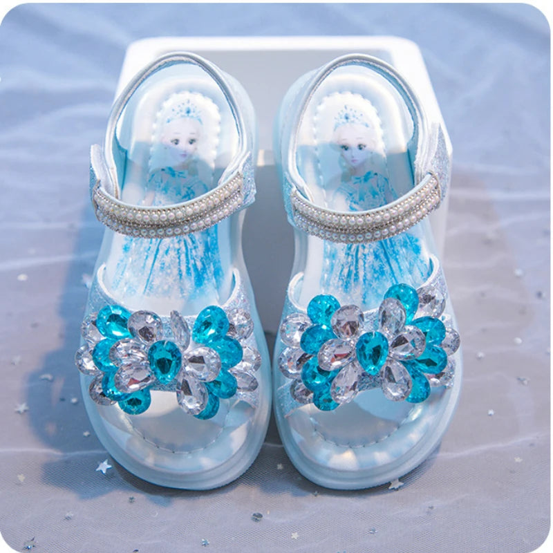 Kids' Sandals Elsa Princess Frozen PU Leather Crystal Summer Flat Shoes For Girls Breathable Anti-slip Blue Pink Size 23-33