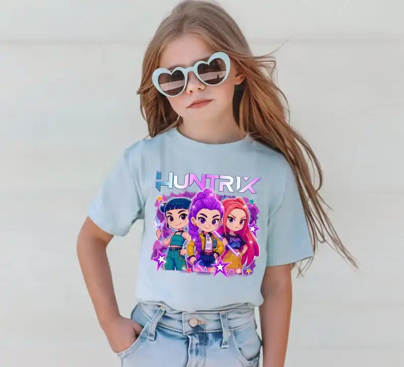 2025 Hot Huntrix Kpop Demon Hunters T-Shirt for Boys Girls Fans Gift Summer Crew Neck Short Sleeve Tees Fashion Kids T-shirt