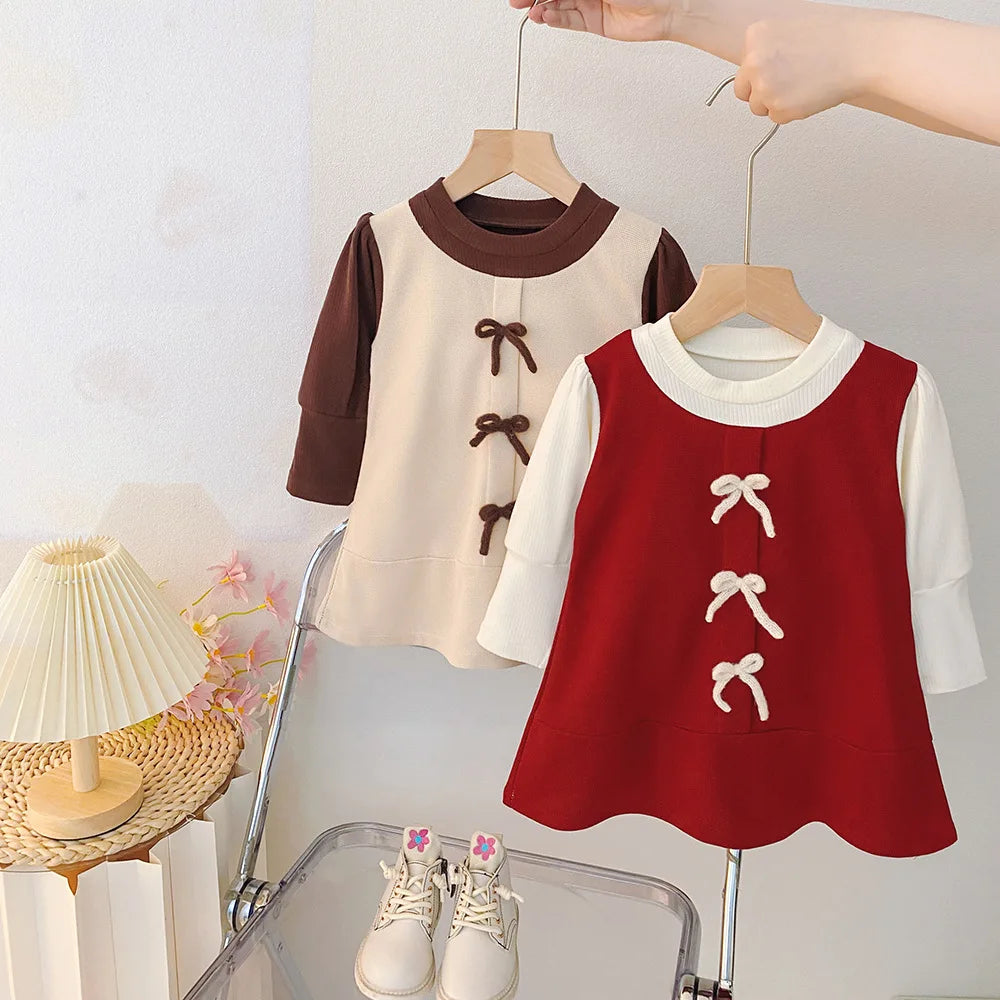 New Korean Style Baby Girl Dress For Spring And Autumn, Sweet Bow Children'S Long Sleeved Clothes (9 Months -3 Years Old)