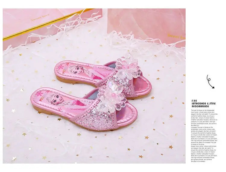 Disney Children's Sandals Frozen Slippers Fashion Elsa Princess Shoes Crystal Flowers Non-slip Blue Pink Silver Girls' Sandals
