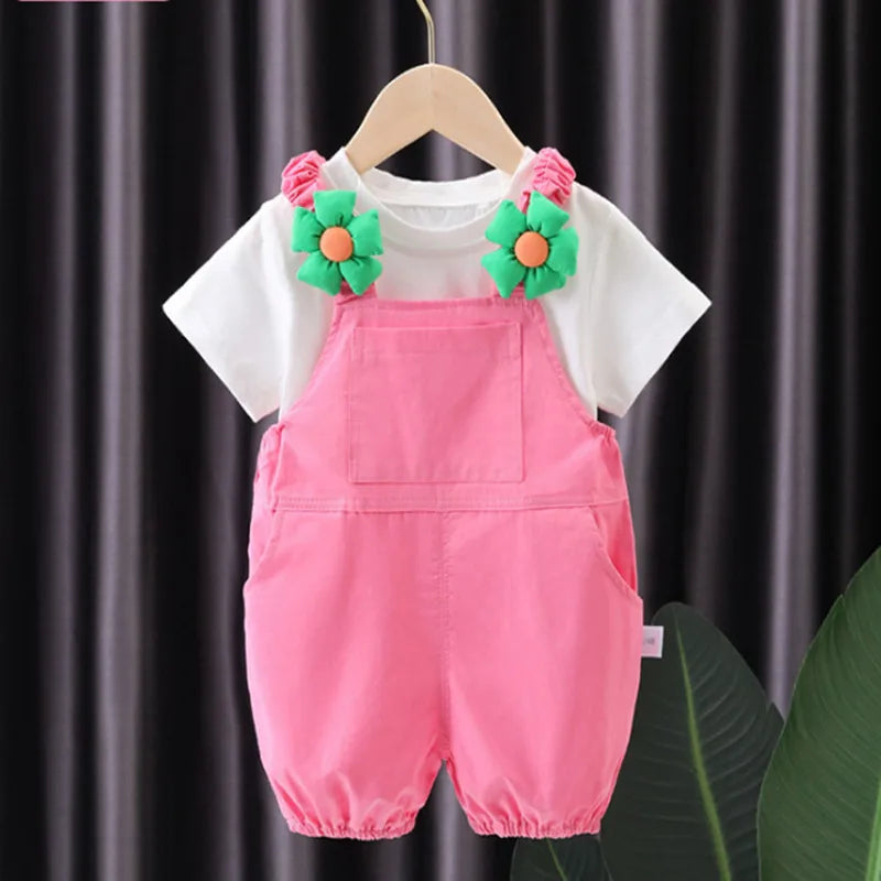 New Summer Baby Clothes Suit Children Girls Cute Short Sleeved T-Shirt Overalls 2Pcs/Sets Toddler Casual Costume Kids Tracksuits
