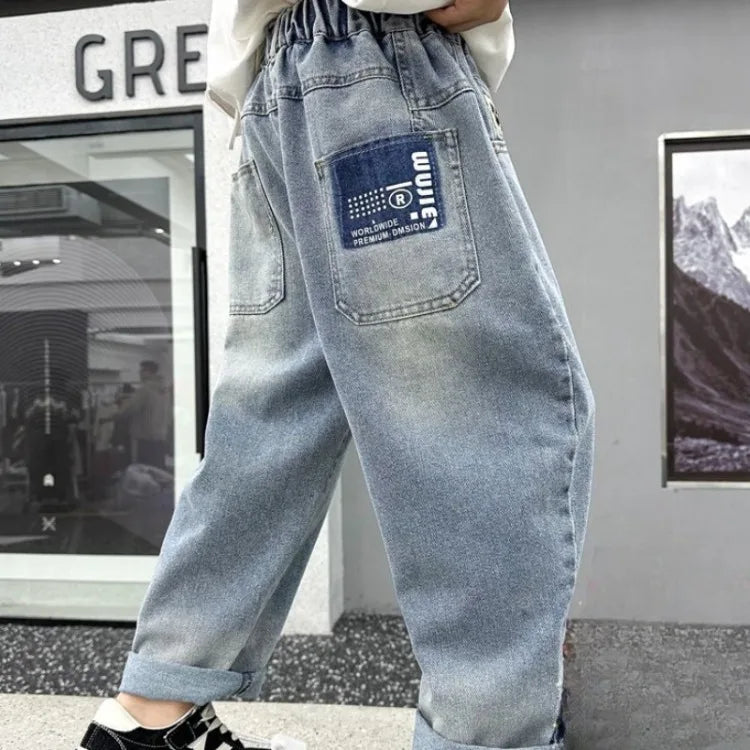 Kids Boys Thickened Winter Jeans Loose Fleece-Lined Long Pants Casual Stylish Warmth