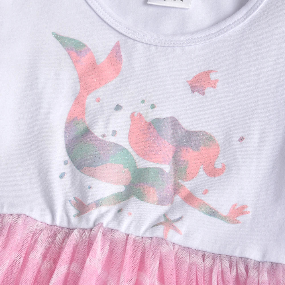 VIKITA Girls Mermaid Cartoon Print Dress Kids Autumn Spring Flare Sleeve Dresses Girls Patchwork Casual Princess Dresses 3-8 Yrs