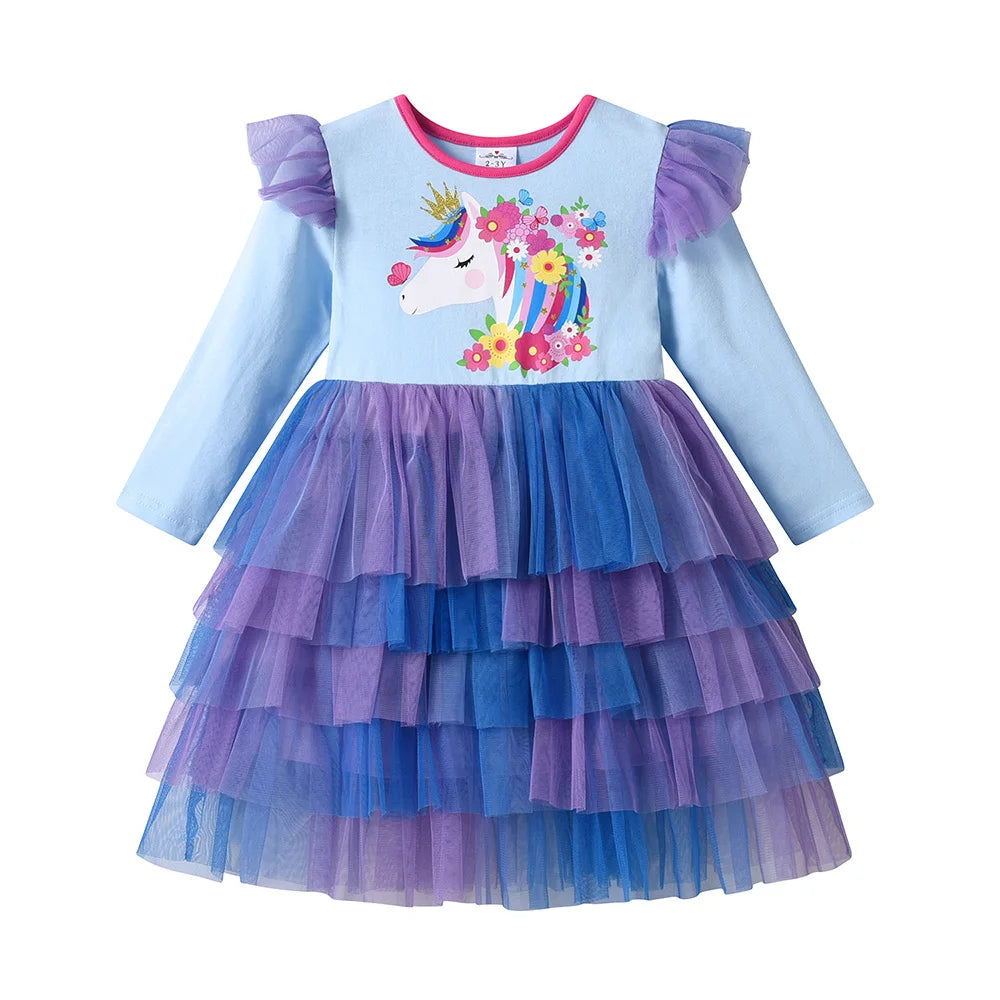 VIKITA Children Clothing Kids Licorne Flower Print Dress Kids Performance Birthday Party Prom Gown Girls Princess Tutu Dresses
