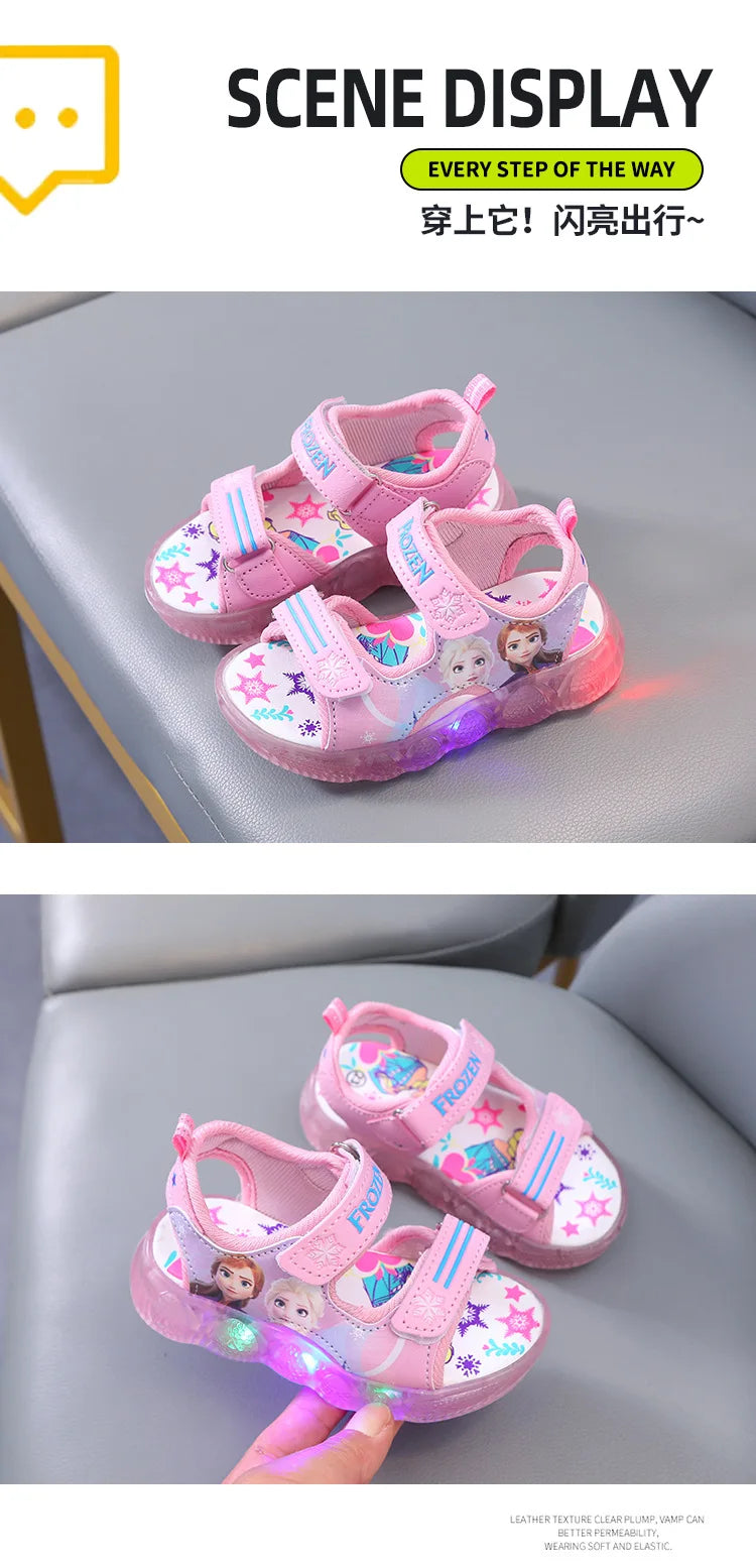 Disney Boys Girls Frozen Elsa Princess Led Light Up Luminous Sports Sandals Summer Kids Sandals Non-slip Toddler Shoes Size 21-3