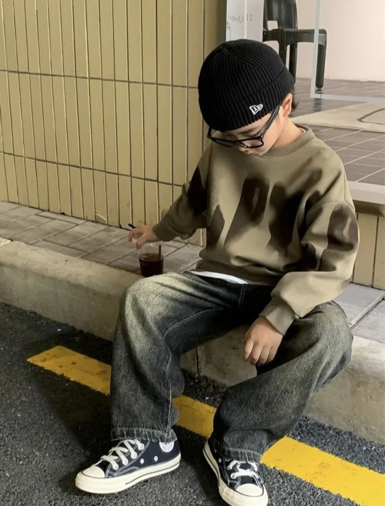 Boys' Medium To Large 2025 New Arrival No Hood Crewneck Spring/Autumn Trendy Street Style Kids Sweatshirt