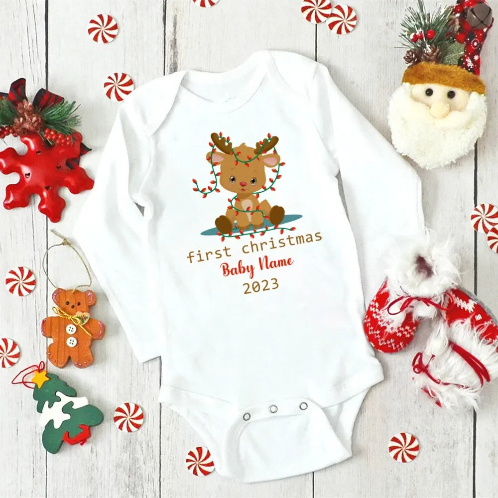 Personalised Christmas Baby Bodysuit Boys Girls Cute Clothes Custom Deer Print Infant Christmas Romper Xmas Party Baby Gift