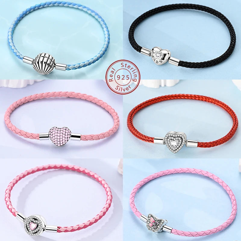 925 Sterling Silver Charm Bracelets For Woman Heart Shell Leather Rope Plait Bracelet Fit Beads Making  Fshion Jewelry Gift