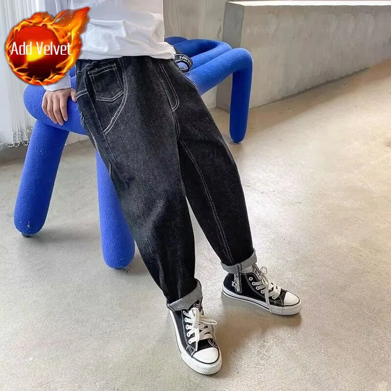 2025 New Boys' Fleece-Lined Jeans for Big Kids - Spring Autumn Autumn Long Pants Kids' Clothing