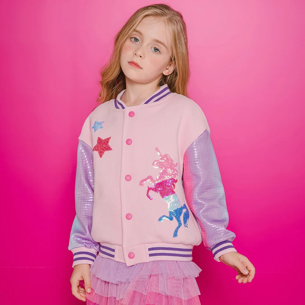 VIKITA Girls Baseball Jacket Teenagers Sports Casual Outerwear Autumn Winter Unicorn Star Sequins Appliqued Thick Warm Jackets