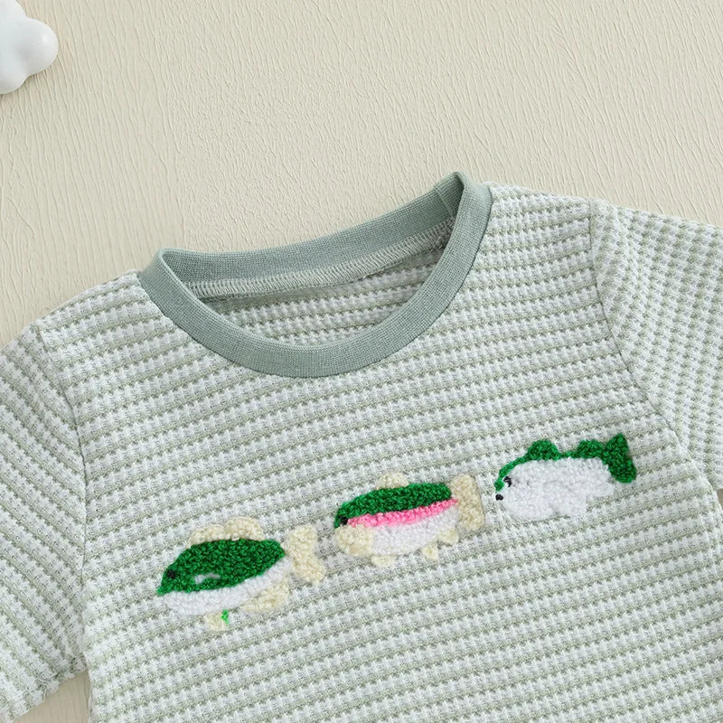 Infant Boy Outfit Set with Cute Animal Embroidery Short Sleeve Tee and Stylish Plaid Shorts for Summer 2 Piece Set