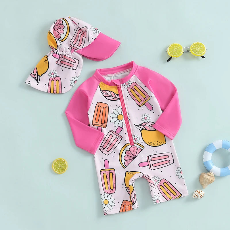 Baby Boys Rash Guard Swimsuit with Hat 2 Pcs Set Zip Up Long Sleeve Crew Neck Toddler Boys Swimwears and Sun Protection