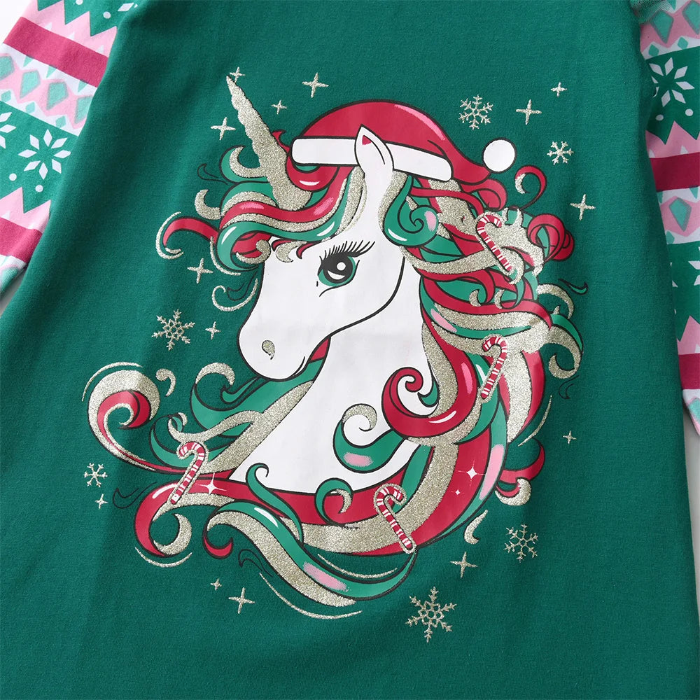 VIKITA Christmas Unicorn Snowflake Print Dress for Girls Kids Green Cotton Festival Xmas New Year Party Dresses Gift Costumes