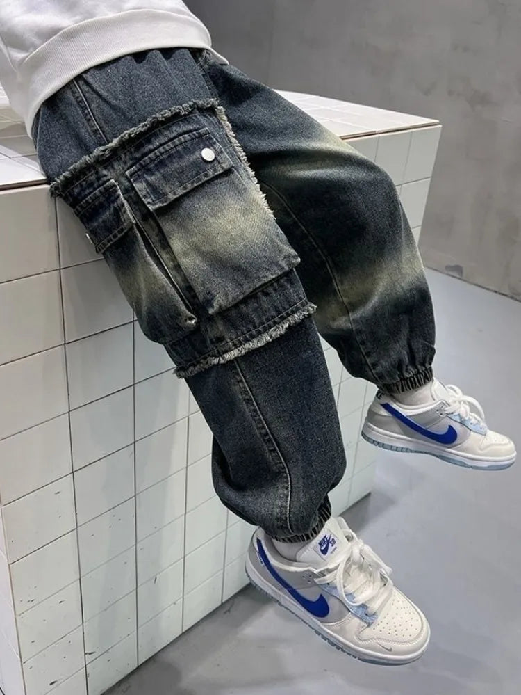 2025 Boys' Cargo Pants All-Season Washed Tie-Dye Denim Long Pants Trendy Casual Style