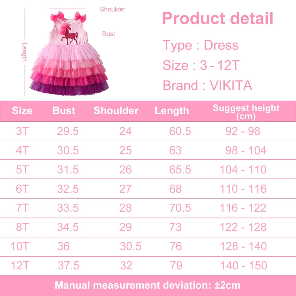 VIKITA Kids Mesh Tulle Tutu Layered Princess Birthday Party Prom Gown Dress Girls Unicorn Cartoon Summer Sleeveless Dresses