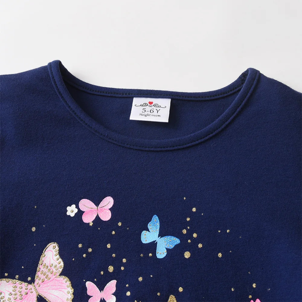 VIKITA Girls Colorful Butterfly Navy Blue T Shirts Kids Cotton Casual Daily Striped Long Sleeve Rainbow Tees Kids Tops Wear 3-8Y