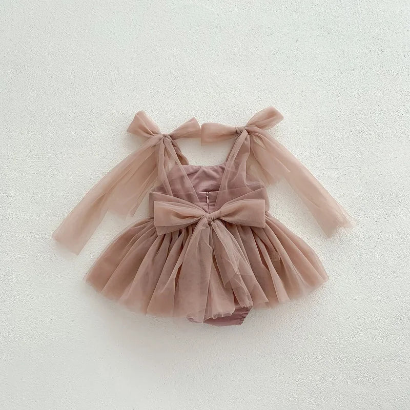 2025 Summer Baby Clothes 100 Day Baptism Birthday Party Sleeveless jumpsuit Mesh Bow Romper Girl Princess Dress