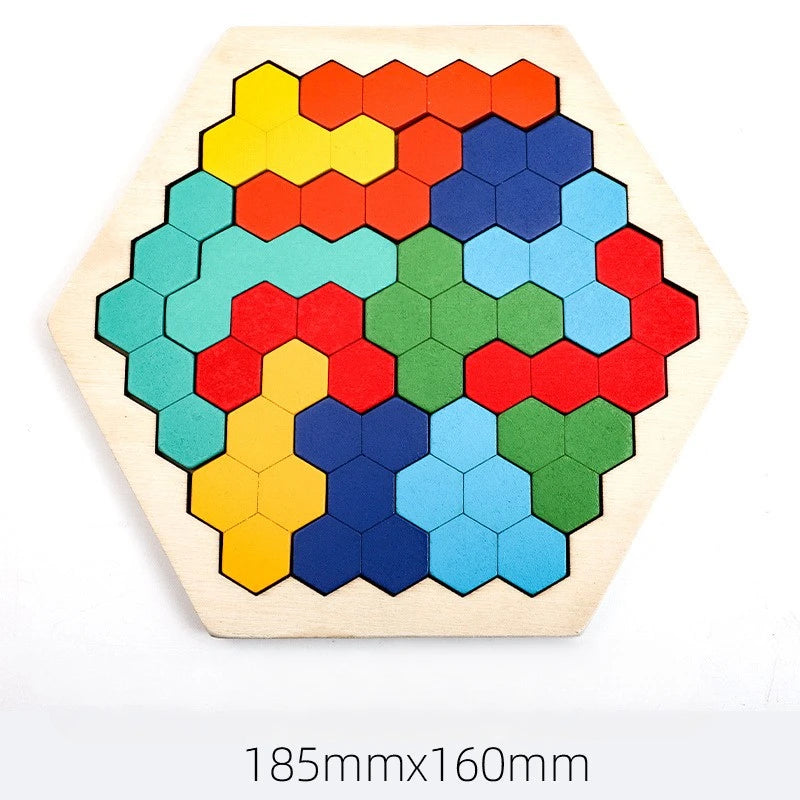 3D Hexagonal Wooden Puzzles Educational Toys For Children Kids Preschool Tangram Board Brain Test Game Montessori Toys Gifts