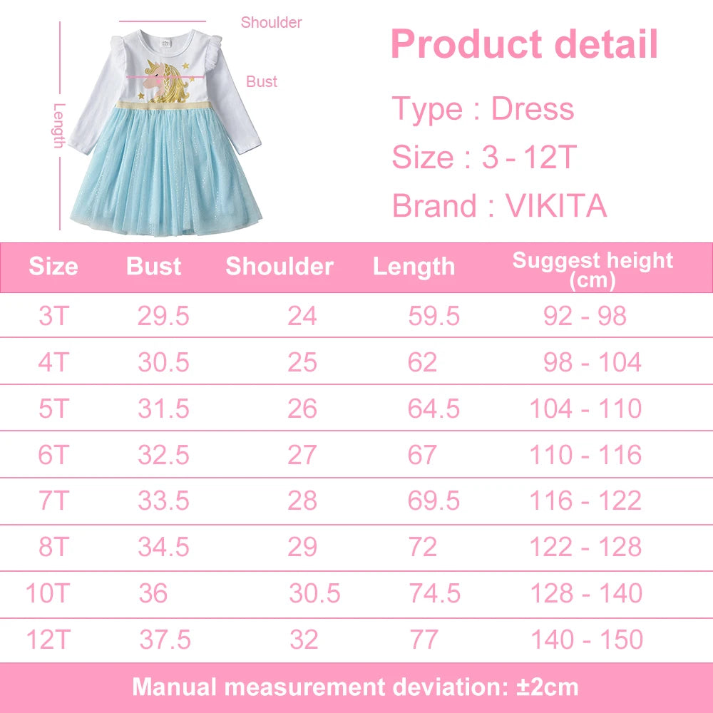 VIKITA Kids Licorne Cartoon Print Dress Girls Flare Sleeve Autumn Spring Winter Vestidos Girls Princess Mesh Tulle Party Dress