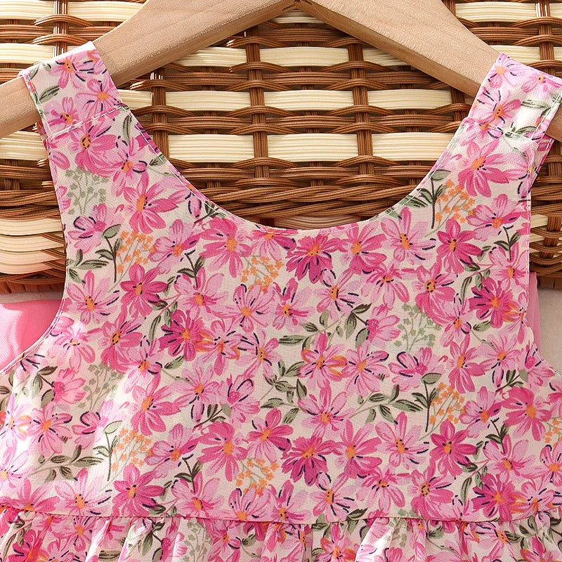 Summer New Floral Baby Girl Dress, Sweet Rose Red Bow Children'S Clothing With Free Hat For Babies Aged 9 Months To 3 Years