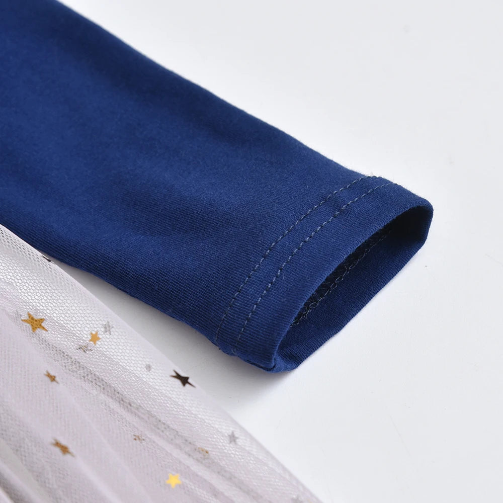 VIKITA Girls Unicorn Print Dress Kids Sequins Princess Dresses Kids Long Sleeve Autumn Spring Patchwork Mesh Tulle Cute Dresses