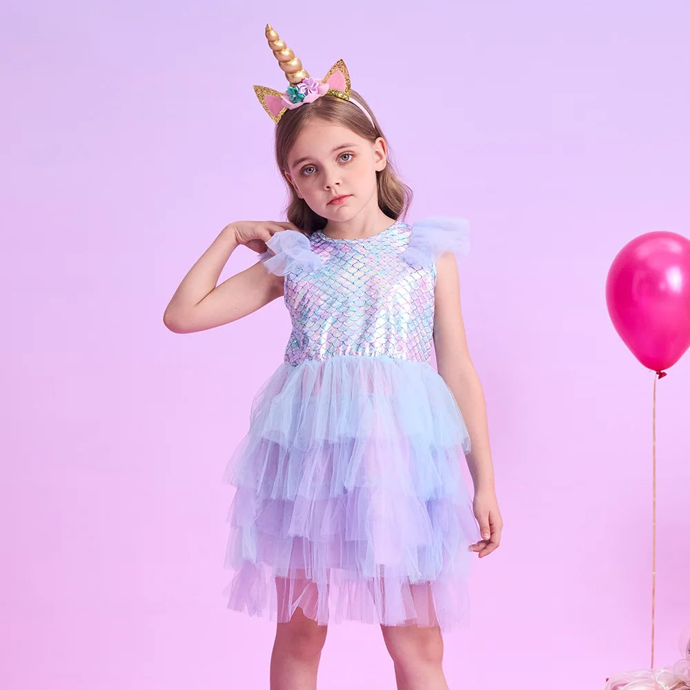 VIKITA Girls Flare Sleeve Summer Dress Kids Mermaid Print Birthday Party Travel Beach Princess Dresses Girls Mesh Tulle Dress