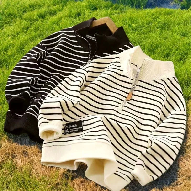 2025 New Boys' Medium-Large Lightweight Autumn Polo-Style Sweatshirt - Striped Half-Zip with Stand Collar & Lapel Top