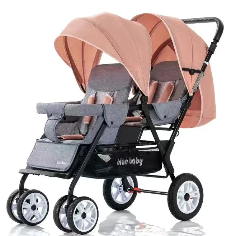 Large Double Stroller Sit Lying Foldable Portable Front & Rear Seat with Adjustable Backrest Canopy Double Brake Storage Basket