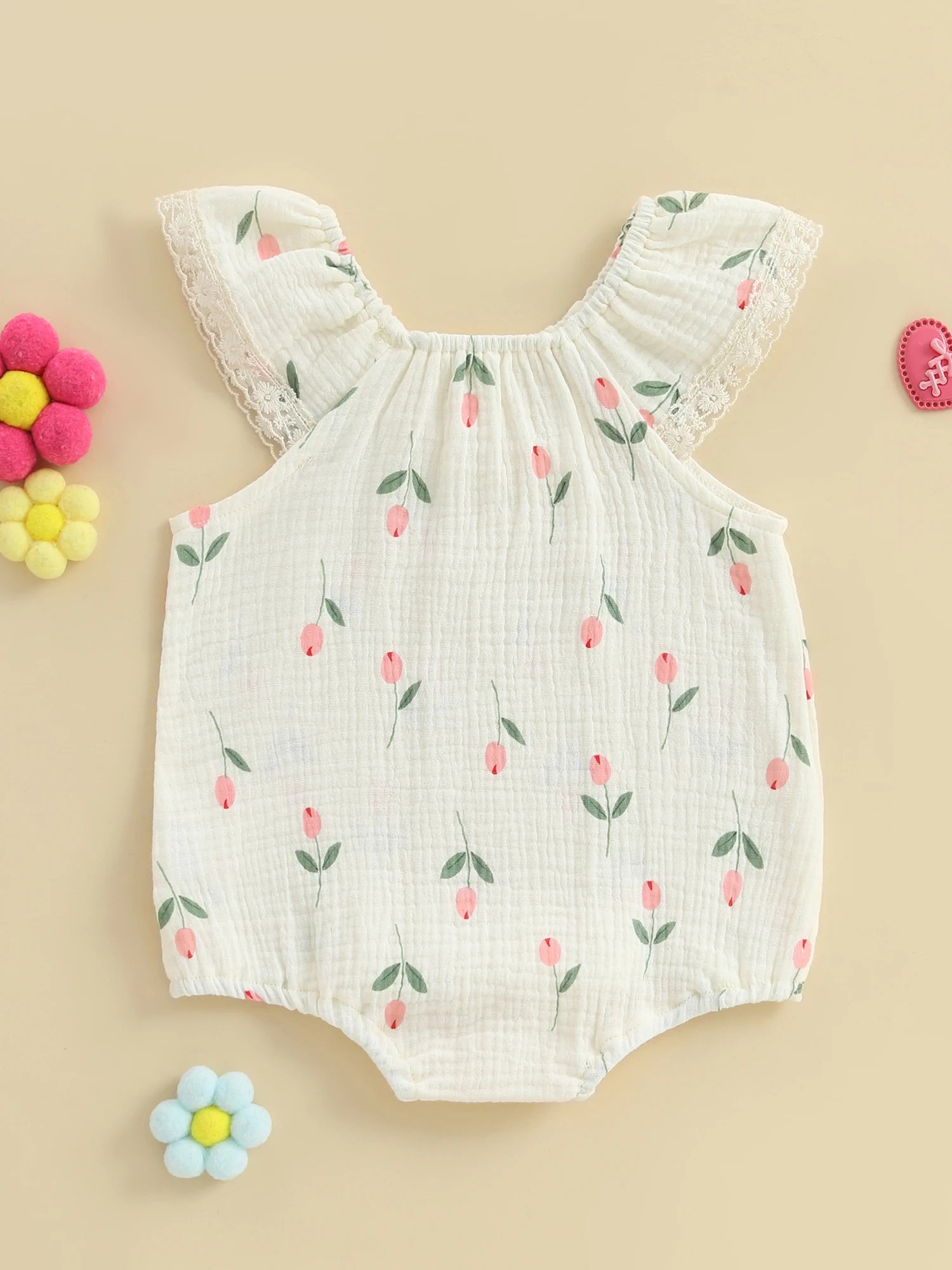 Toddler Girl Sleeveless Romper with Floral Print and Lace Detail Round Neck Jumpsuit for Summer Cute Bubble Bodysuit
