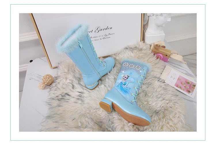 Disney Girls' Leather Boots Winter Cartoon Frozen Boots Side Zipper High Plush Princess Elsa Boots Warm Children's Boots Size 27