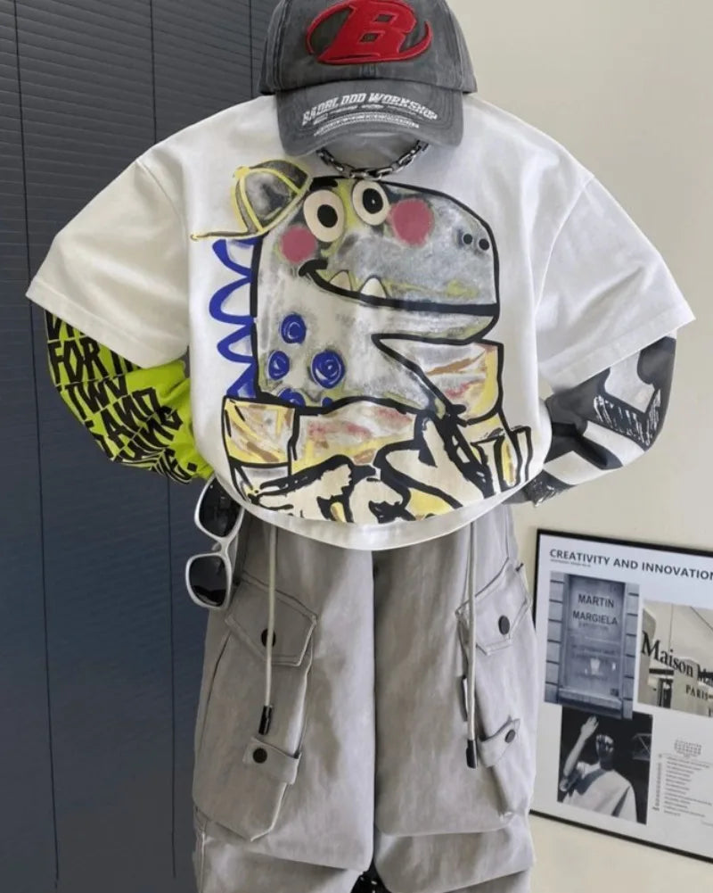 Fake Two Pieces Long Sleeve Cotton T-shirt Clothes for Boys Children's Tee Cartoon Fashion Clothing Korean Kids Boy 7 8 14 Years