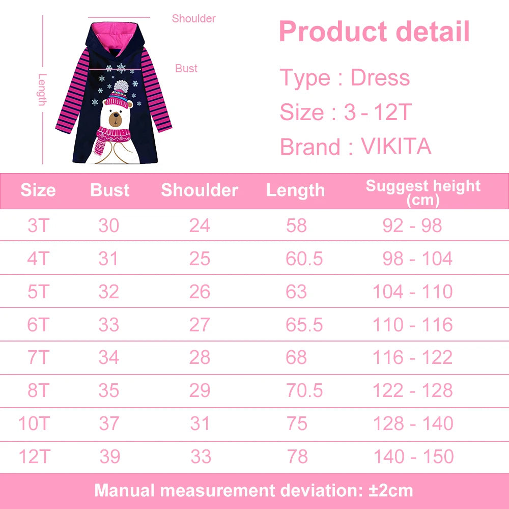 Girls Autumn Winter Hooded Dress Kids Cartoon Snowflakes Striped Straight Dresses Christmas Parties Daily Casual Cotton Dresses