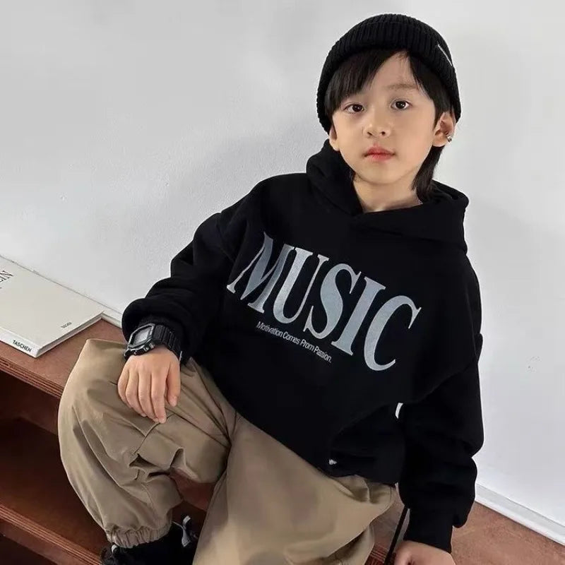 2025 New Boys' Kids' Autumn Winter Printed Fleece-Lined Thickened Hooded Hoodie - Stylish Trendy Top