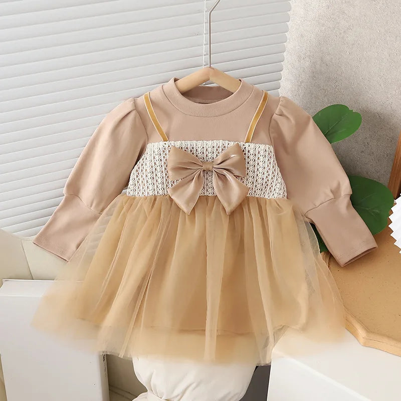 Autumn New Sweet Bow Baby Girl Dress, Princess Style Children'S Clothing Suitable For Babies Aged 9 Months To 3 Years Old