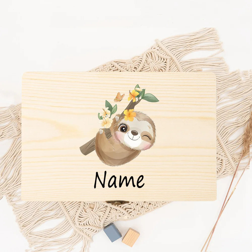 Personalized Baby Wood Box Cute Animal Print Toddler Memory Box Custom Name Infant Keepsake Box Newbron Shower Gift Kids Present